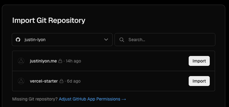Vercels Import Git Repo